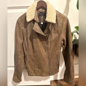 Banana Republic Brown Sherpa Collar Leather Moto Jacket Size Medium
